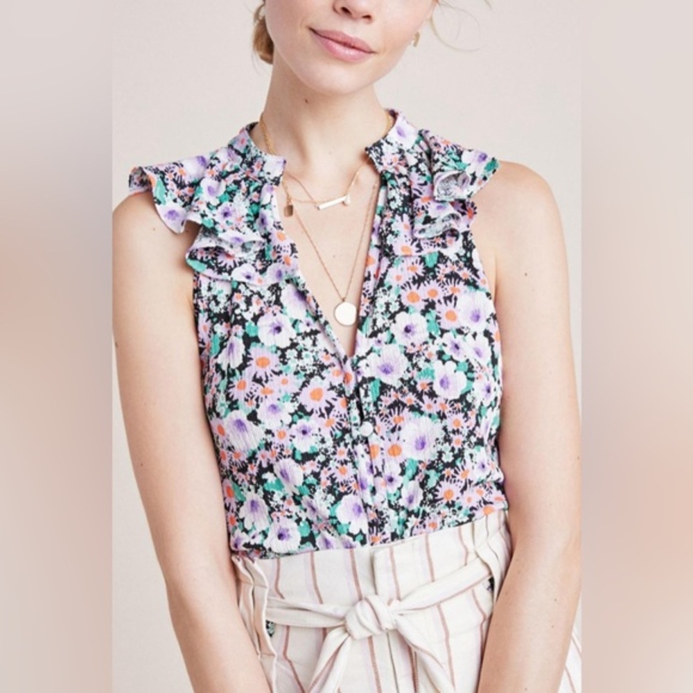 Anthropologie Chalmer Floral Ruffle Button Down‎ Sleeveless Top - M